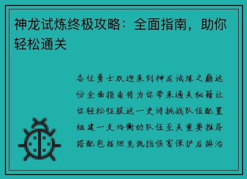 神龙试炼终极攻略：全面指南，助你轻松通关